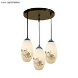 Oval Multi-Pendant Modern Ceiling Hang Fixture - 3 Lights Black Finish White Printed Glass