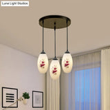 Oval Multi-Pendant Modern Ceiling Hang Fixture - 3 Lights Black Finish White Printed Glass