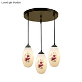 Oval Multi-Pendant Modern Ceiling Hang Fixture - 3 Lights Black Finish White Printed Glass