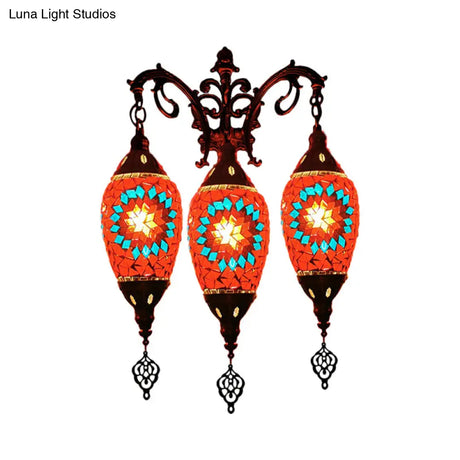 Oval Wall Mounted Lamp: Traditional Stained Art Glass Sconce Light - 3 Heads In White/Red/Light Blue