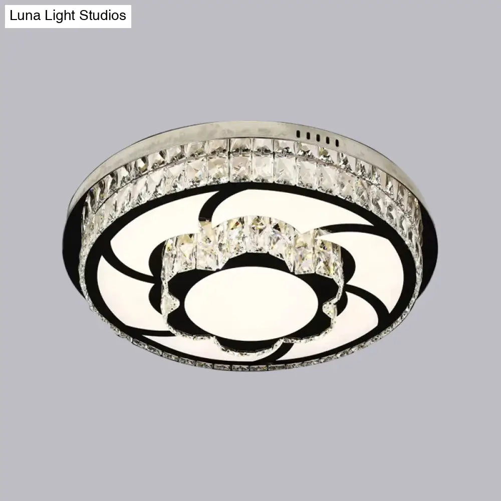 P Stainless - Steel Flushmount Light With Clear Faceted Crystal Shade - Flower/Round Design