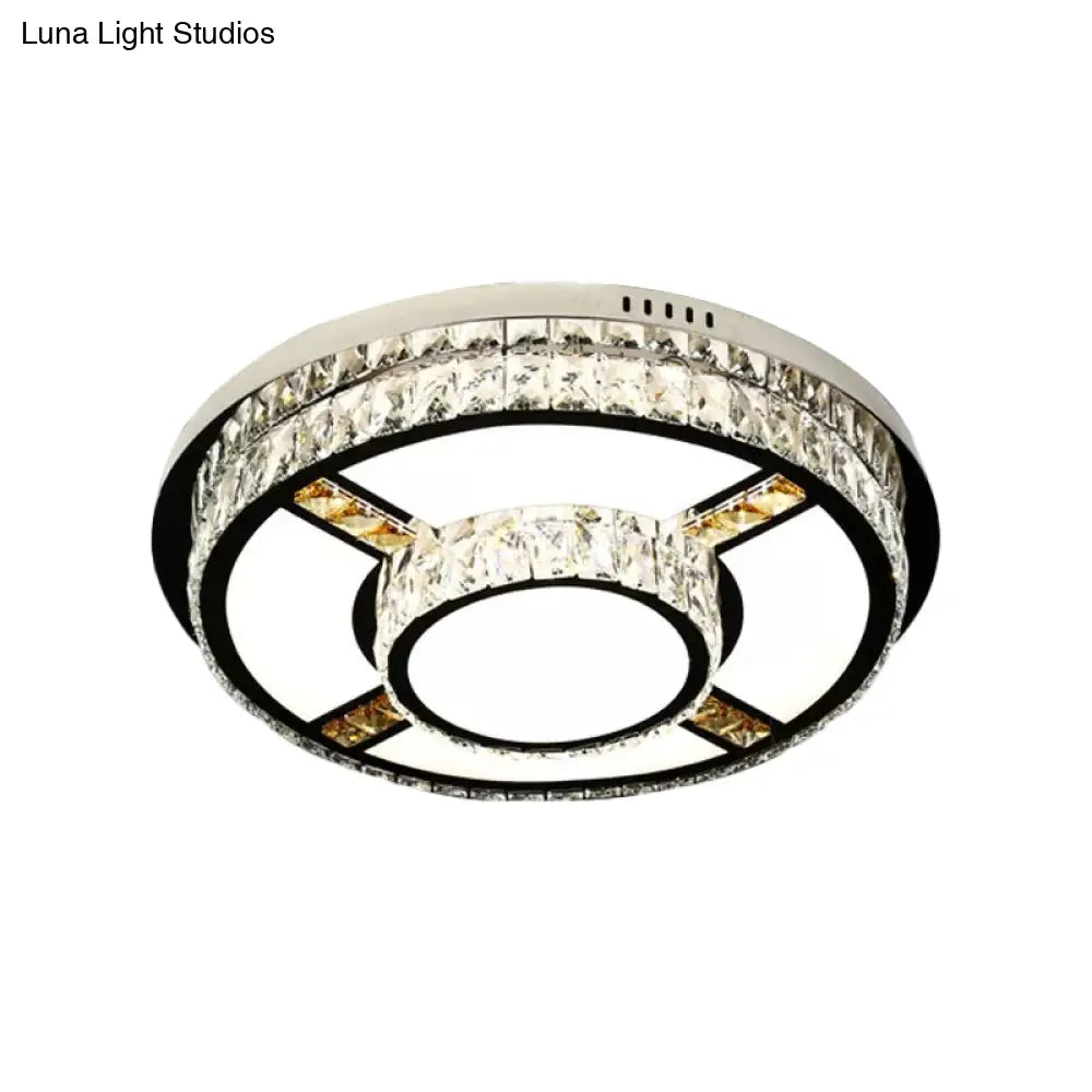 P Stainless - Steel Flushmount Light With Clear Faceted Crystal Shade - Flower/Round Design