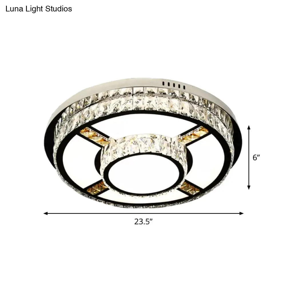 P Stainless - Steel Flushmount Light With Clear Faceted Crystal Shade - Flower/Round Design