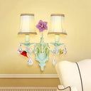 Pastoral Flared Wall Light With Crystal Accent - Blue Fabric Sconce Lamp (2 Bulbs)