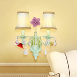 Pastoral Flared Wall Light With Crystal Accent - Blue Fabric Sconce Lamp (2 Bulbs)