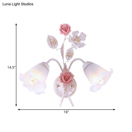Pastoral Floral White Glass Wall Sconce With Metal Curved Arm For Living Room - 1/2-Light Mount Lamp