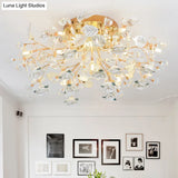 Pastoral Living Room Rose Ceramic Semi-Flush Ceiling Light With Decorative Crystal Accents 7 / White