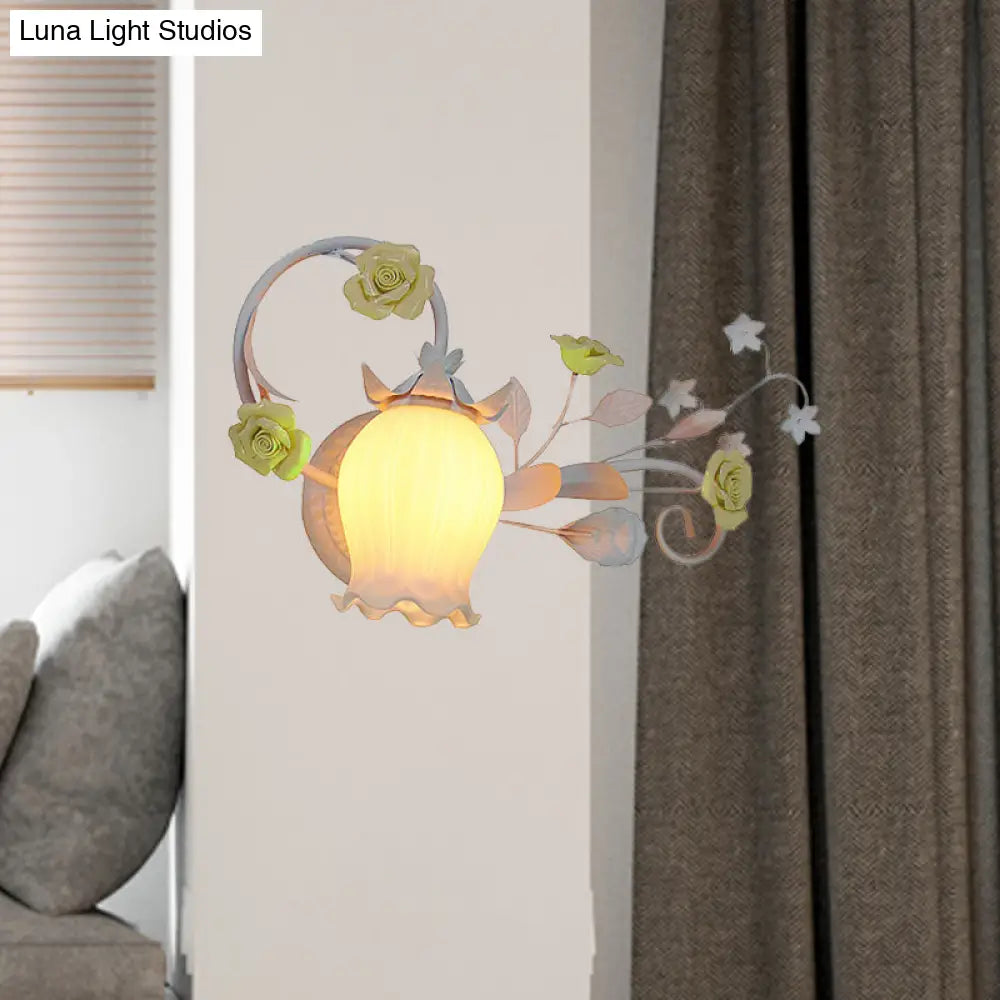 Pastoral Metal Floral Wall Lamp Sconce - 1-Light Fixture In Yellow/Pink/Blue