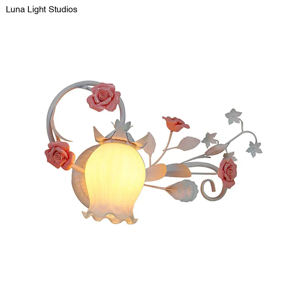 Pastoral Metal Floral Wall Lamp Sconce - 1-Light Fixture In Yellow/Pink/Blue