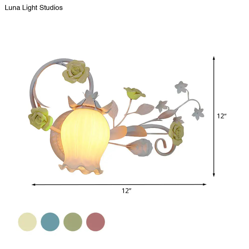 Pastoral Metal Floral Wall Lamp Sconce - 1-Light Fixture In Yellow/Pink/Blue