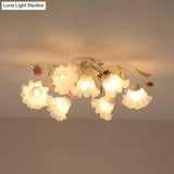Pastoral Ruffle Ceiling Flush Lamp - 4/7/9 Frosted White Glass Heads Semi Mount For Dining Room