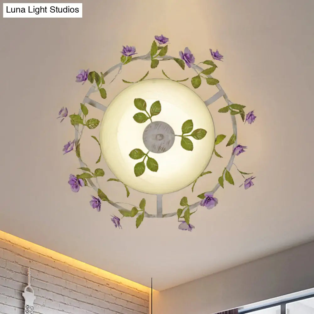 Pastoral Style 2-Head White Glass Flush Mount Ceiling Lamp With Bloom Decoration