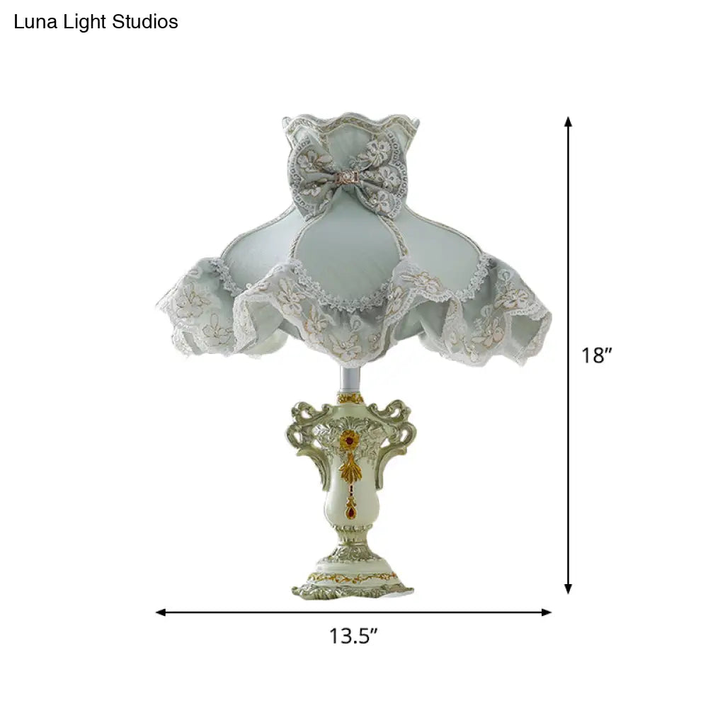 Pastoral Style Blue Ruffle Fabric Nightstand Light For Girls Bedroom - 1-Bulb Table Lighting