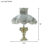 Pastoral Style Blue Ruffle Fabric Nightstand Light For Girls Bedroom - 1-Bulb Table Lighting