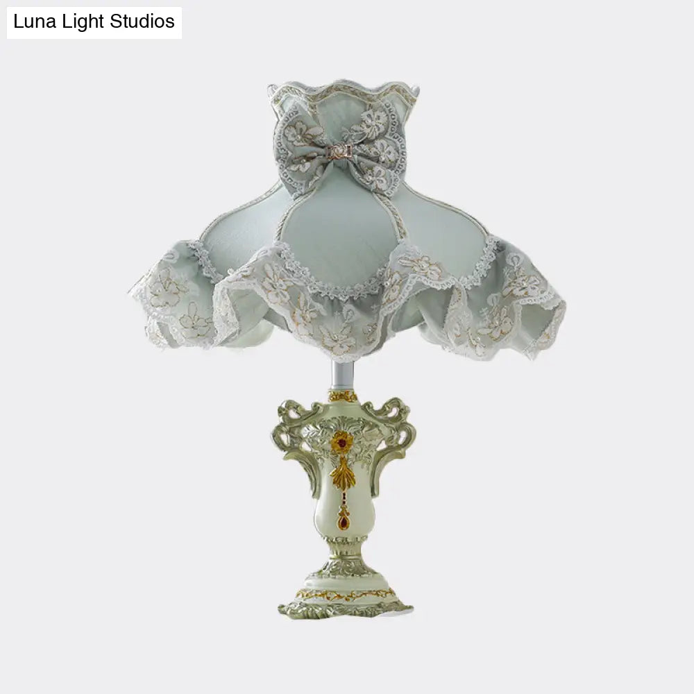 Pastoral Style Blue Ruffle Fabric Nightstand Light For Girls Bedroom - 1-Bulb Table Lighting