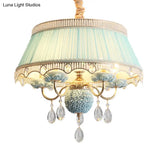 Pastoral Style Ceramic Chandelier With Hanging Light And Pleated Lamp Shade - Set Of 5 Candlestick