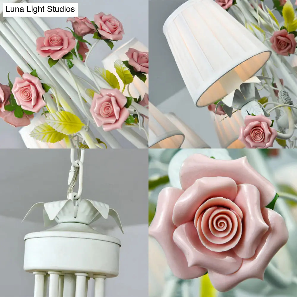 Pastoral Style Chandelier With Decorative Rose: Pleated White Fabric Hanging Light
