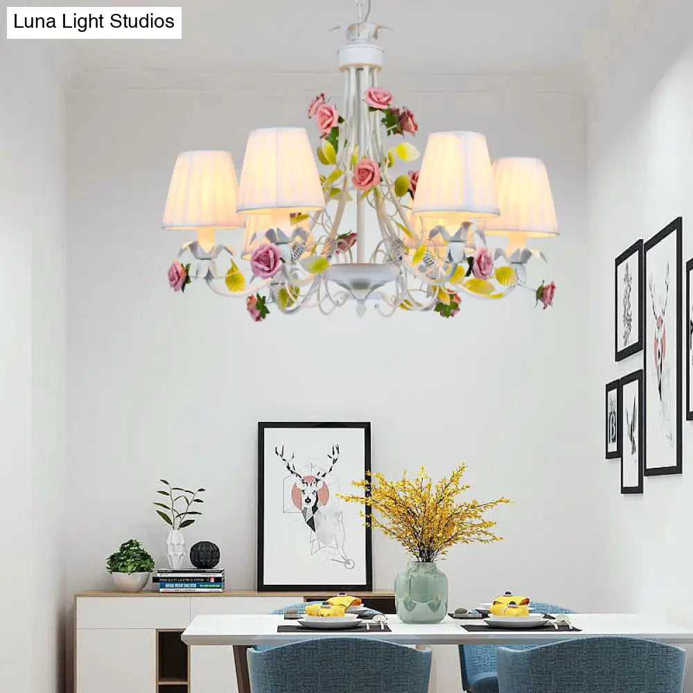 Pastoral Style Chandelier With Decorative Rose: Pleated White Fabric Hanging Light