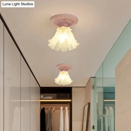 Pastoral Style Floral Flush Ceiling Light - White/Green/Pink Frosted Glass Single Bulb Mounted Lamp
