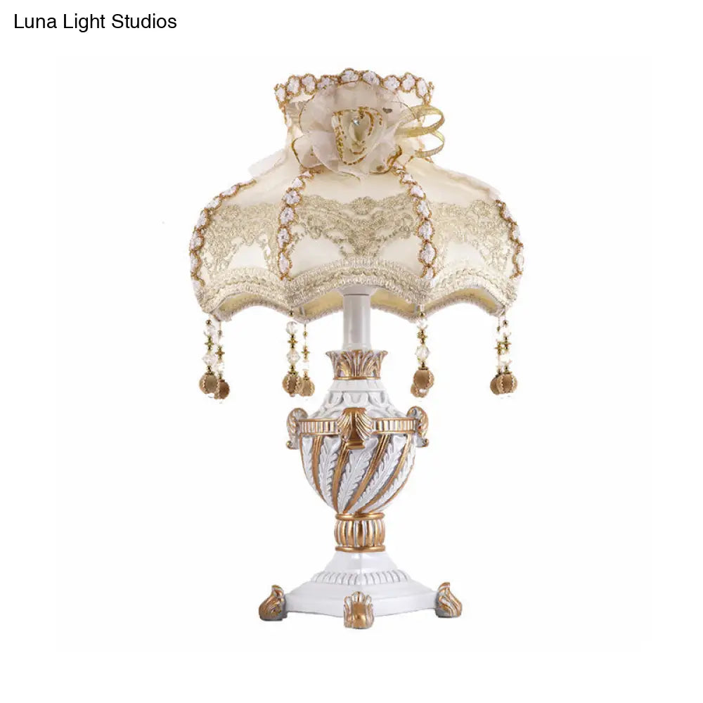 Pastoral Style Resin Urn Table Lamp With Beige Fabric Shade - 1 Head Night Light