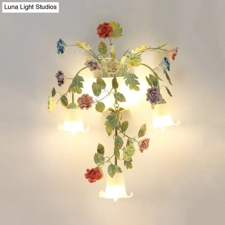 Pastoral Style White Glass Flower Sconce - 5-Light Bedroom Wall Mount Fixture