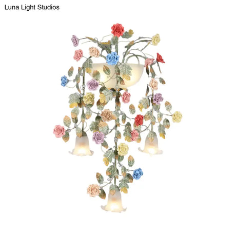 Pastoral Style White Glass Flower Sconce - 5-Light Bedroom Wall Mount Fixture