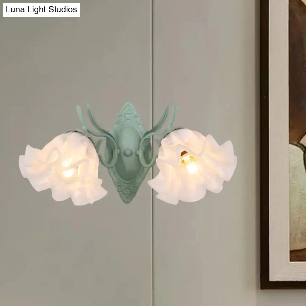 Pastoral White Glass Wall Sconce Lamp With Green Scalloped Design - 2 Bulb Lighting Fixture For