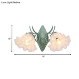Pastoral White Glass Wall Sconce Lamp With Green Scalloped Design - 2 Bulb Lighting Fixture For