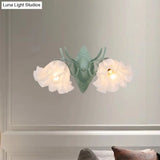 Pastoral White Glass Wall Sconce Lamp With Green Scalloped Design - 2 Bulb Lighting Fixture For