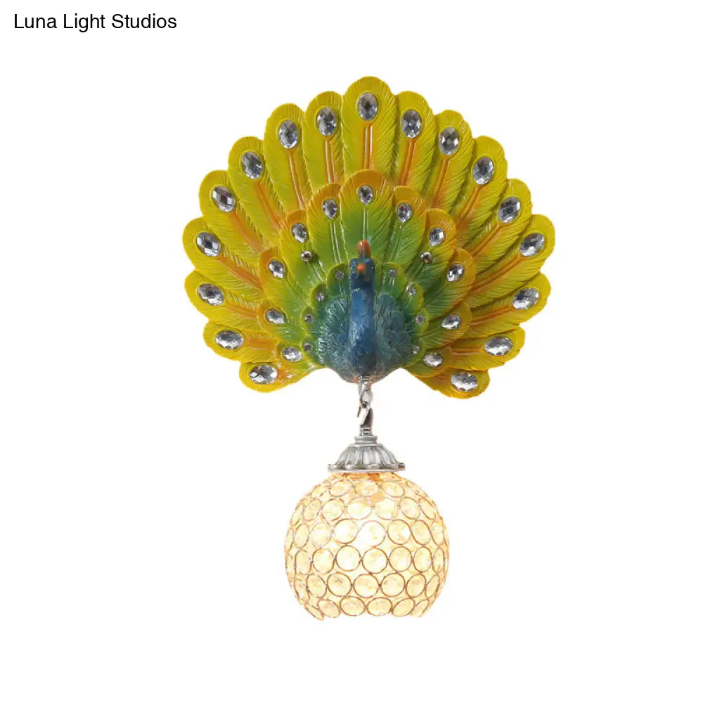 Peacock Backplate Wall Sconce With Crystal Globe - Traditional Bedroom Light Fixture (1