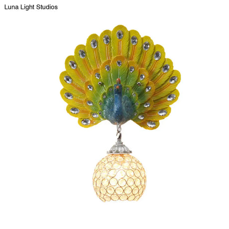 Peacock Backplate Wall Sconce With Crystal Globe - Traditional Bedroom Light Fixture (1