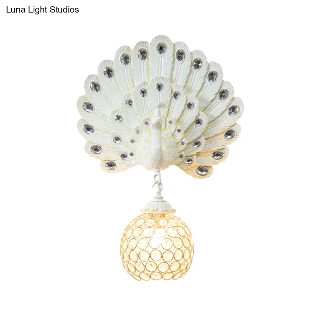 Peacock Backplate Wall Sconce With Crystal Globe - Traditional Bedroom Light Fixture (1