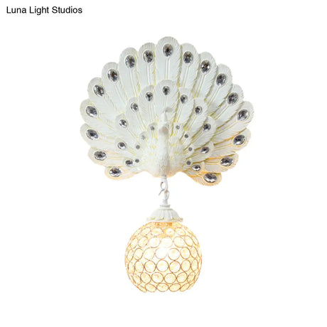 Peacock Backplate Wall Sconce With Crystal Globe - Traditional Bedroom Light Fixture (1