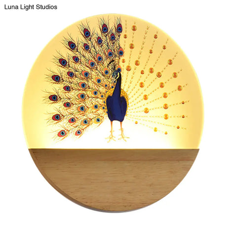 Peacock Blossom Wall Mural Lamp: Asian Style Led Wood Mount For Bedroom