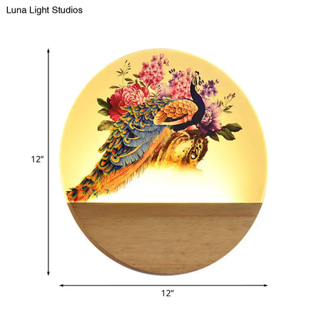 Peacock Blossom Wall Mural Lamp: Asian Style Led Wood Mount For Bedroom