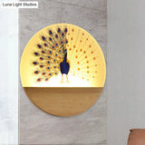 Peacock Blossom Wall Mural Lamp: Asian Style Led Wood Mount For Bedroom