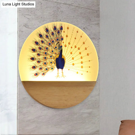 Peacock Blossom Wall Mural Lamp: Asian Style Led Wood Mount For Bedroom