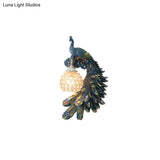 Peacock Blue Lodge Resin Wall Sconce Lighting With Clear Crystal Dome Shade - 1 Light Bedside