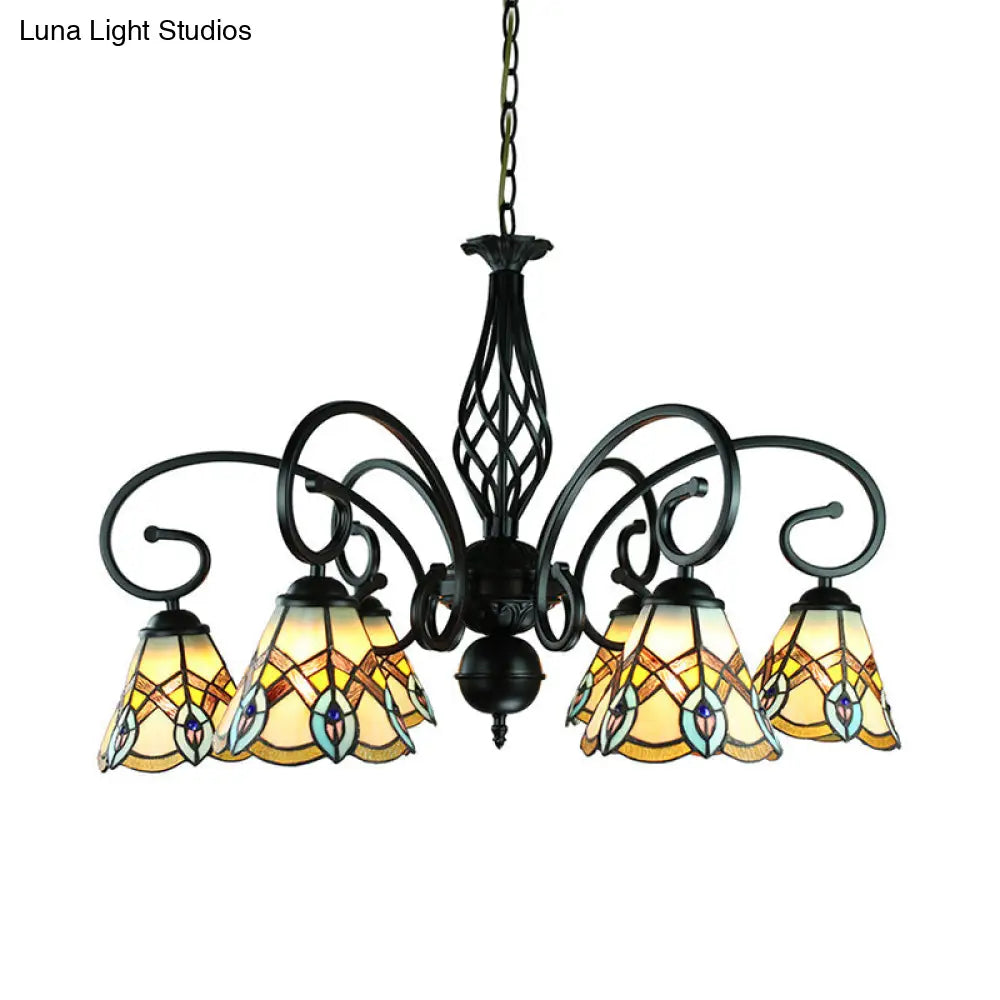 Peacock Design Conical Chandelier With Stained Glass - Rustic Pendant Lighting (6/8 Lights)