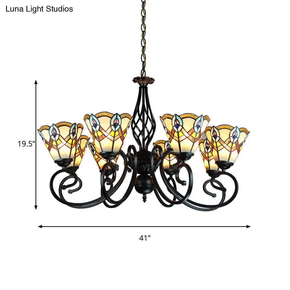Peacock Design Conical Chandelier With Stained Glass - Rustic Pendant Lighting (6/8 Lights)