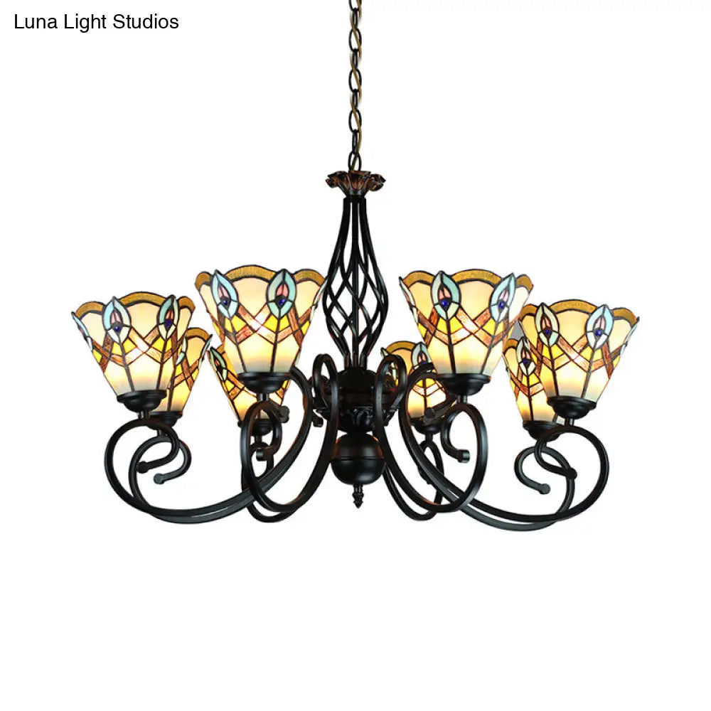 Peacock Design Conical Chandelier With Stained Glass - Rustic Pendant Lighting (6/8 Lights)