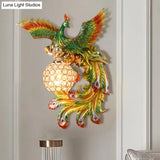 Peacock Flying Wall Mount Light: White/Green/Gold Resin With Crystal Shade Left/Right