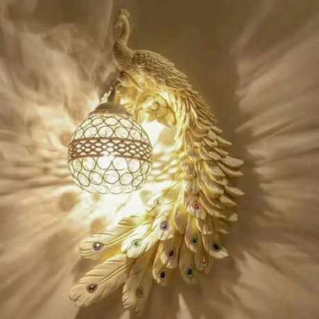 Peacock Resin Wall Sconce With Crystal Embedded Globe Shade White / Right
