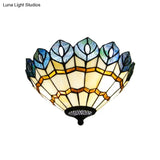 Peacock Stained Glass Flush Ceiling Light With Rustic Charm - 2 Lights For Living Room