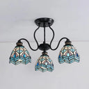 Peacock Stained Glass Semi Flush Light With 3 Lights – Traditional Bowl Style Blue