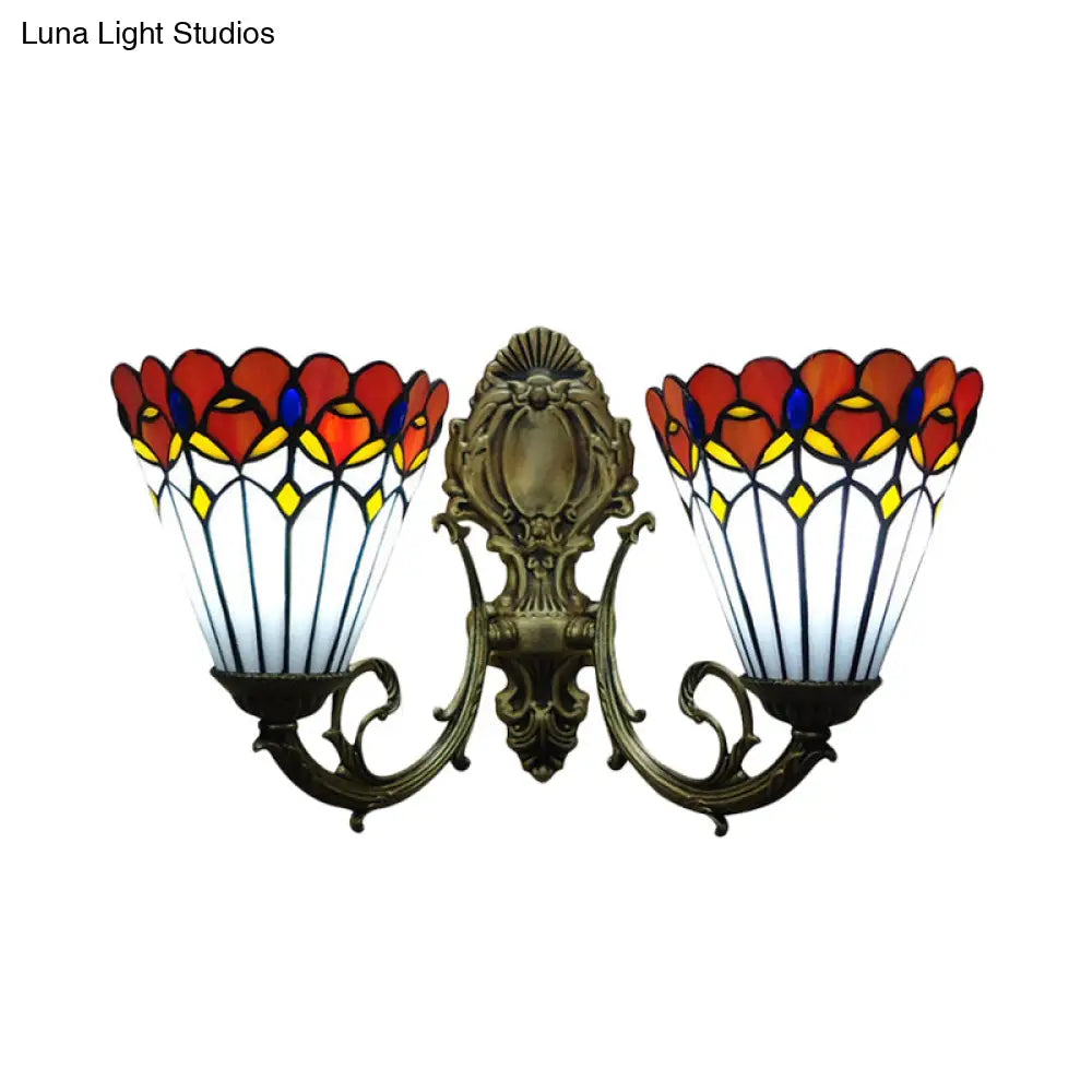 Peacock Stained Glass Tiffany Wall Sconce Light With Conical Mount - Set Of 2
