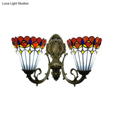 Peacock Stained Glass Tiffany Wall Sconce Light With Conical Mount - Set Of 2