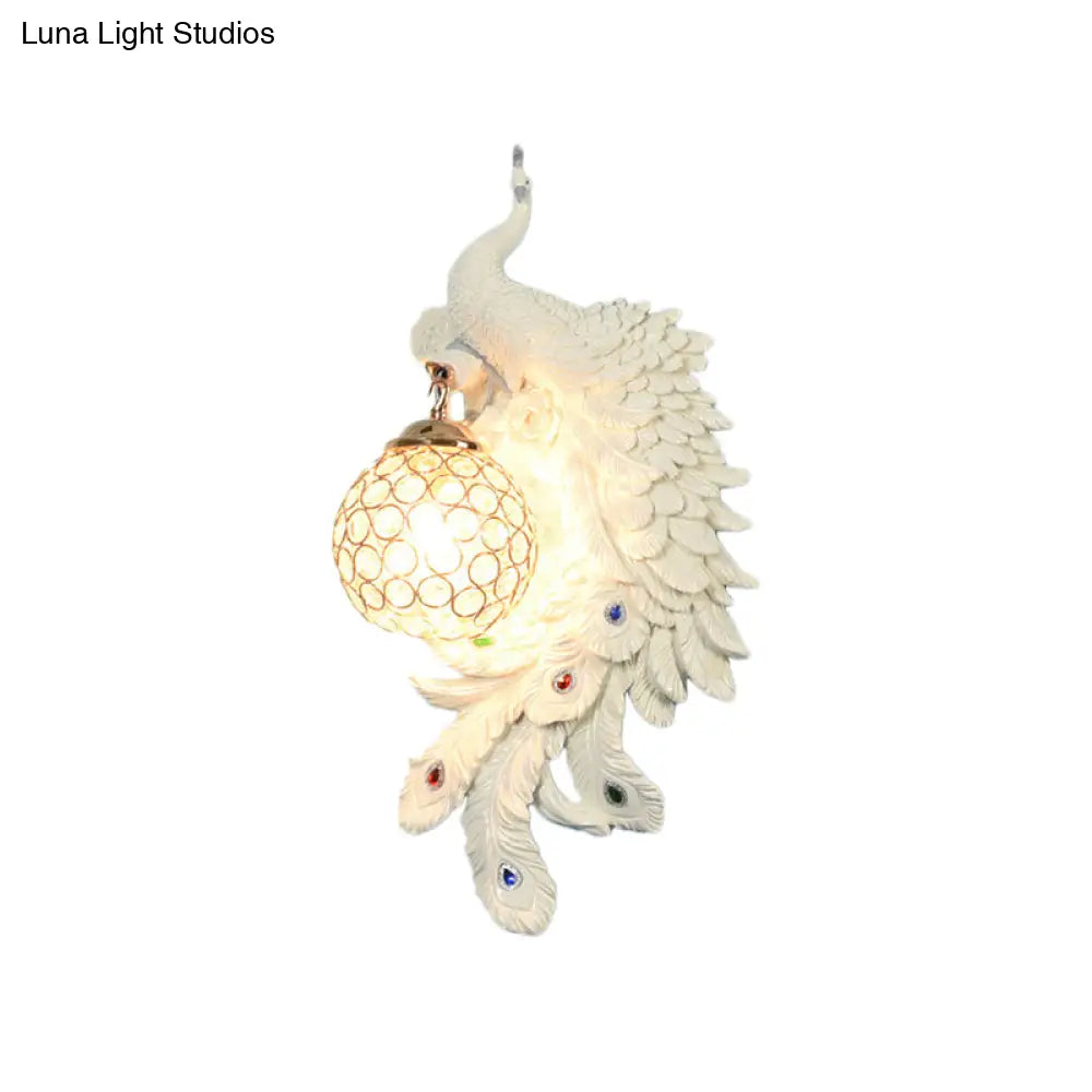Peacock Wall Lamp: Double Headed Resin Sconce Light With Crystal Shade In White/Blue Finish 1/2-Pack