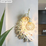 Peacock Wall Sconce - Single Head Cottage White/Red/Blue Resin Light Fixture With Crystal Shade