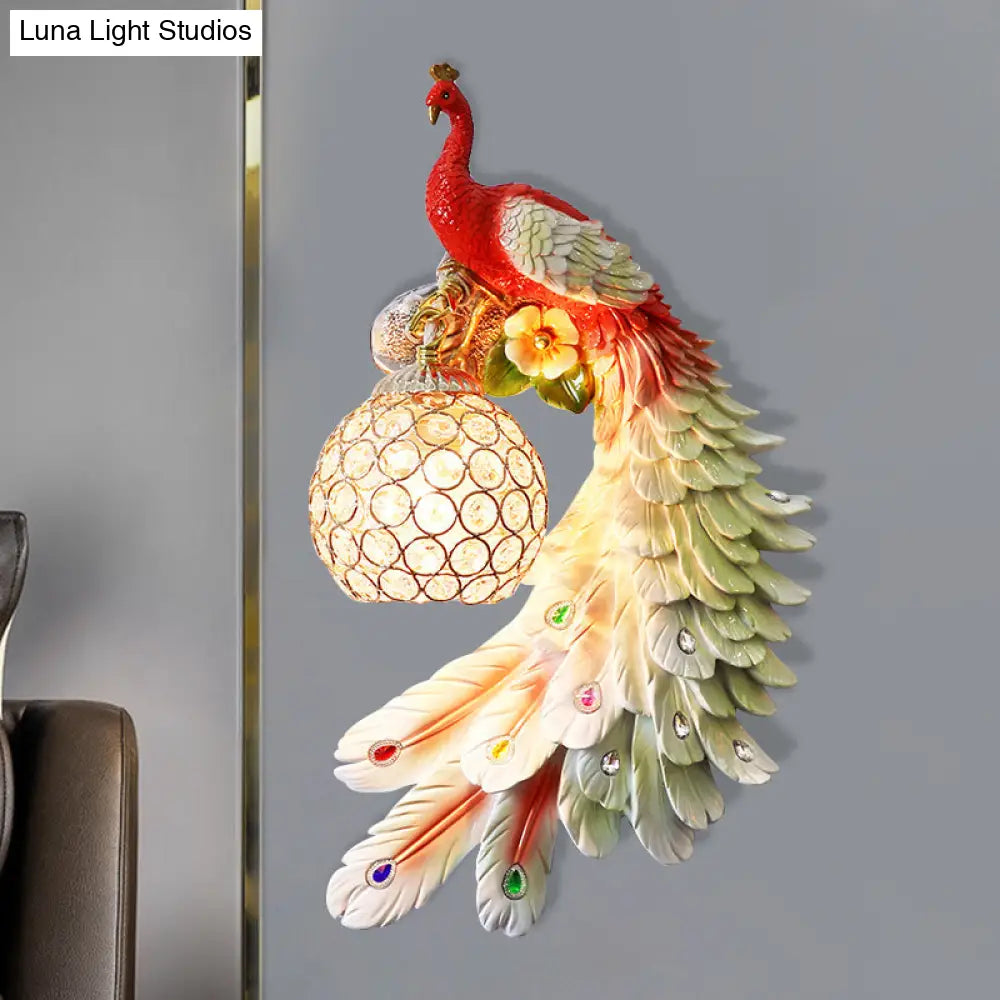 Peacock Wall Sconce - Single Head Cottage White/Red/Blue Resin Light Fixture With Crystal Shade